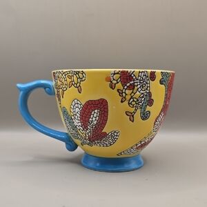 World Market Large Mosaic Floral Mug 16oz Yellow Blue Multi Coffee Tea Colorful